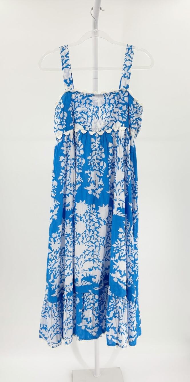 Juliet Dunn Blue Floral Scalloped Hem Cotton Midi Sun Dress Size 1 US 2 4